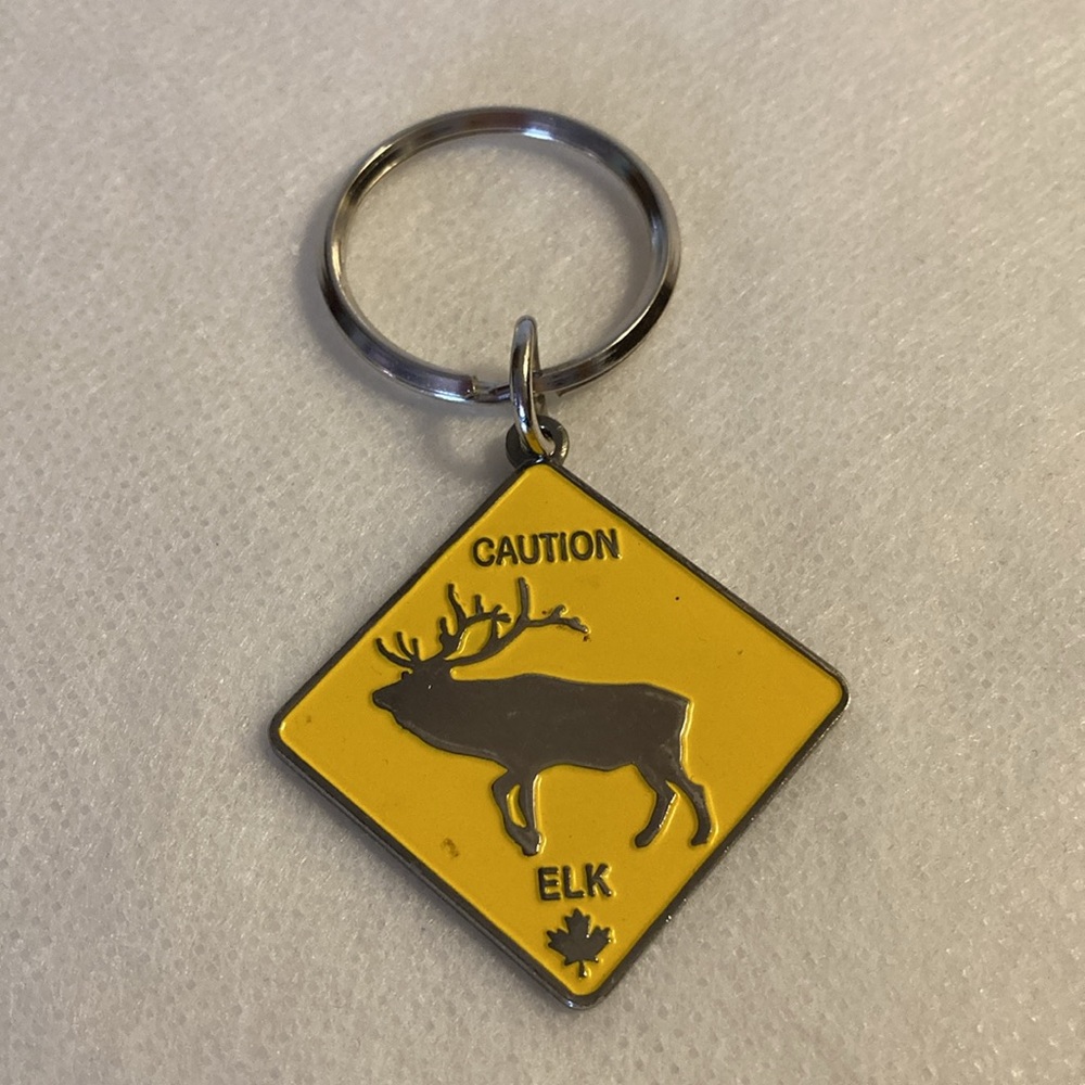 Crazy Canuck Caution Elk Yellow Metal Key Ring